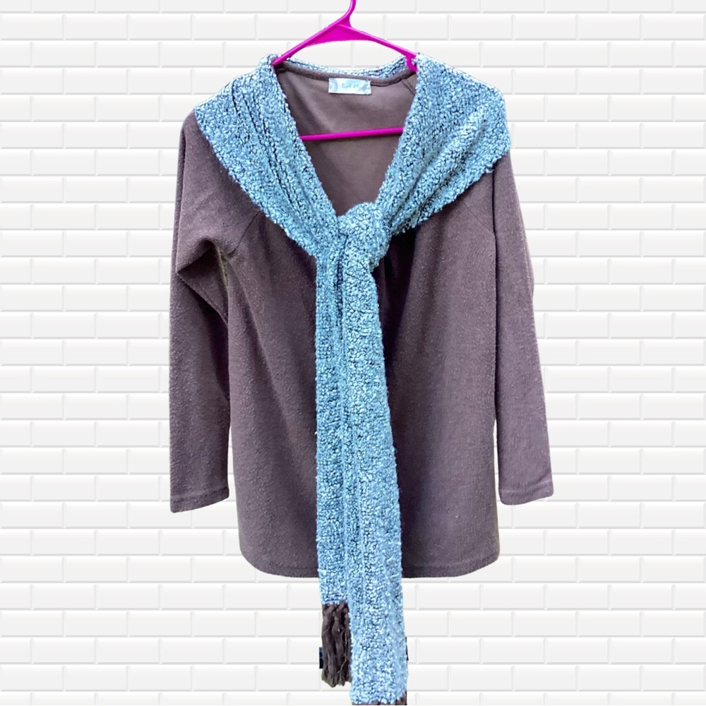 Altar’d State Fleece 3/4 Sleeve Boho Sweater w/ Attached Crochet Scarf - Small